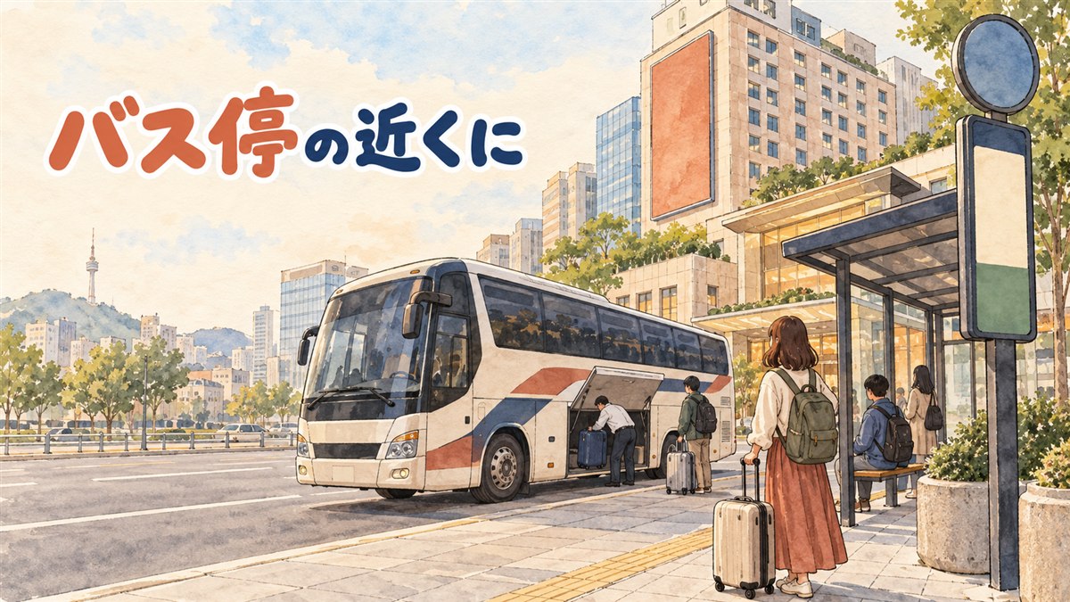 明洞の路上でスーツケースを引きながら空港リムジンバスの停留所を探す旅行者の後ろ姿