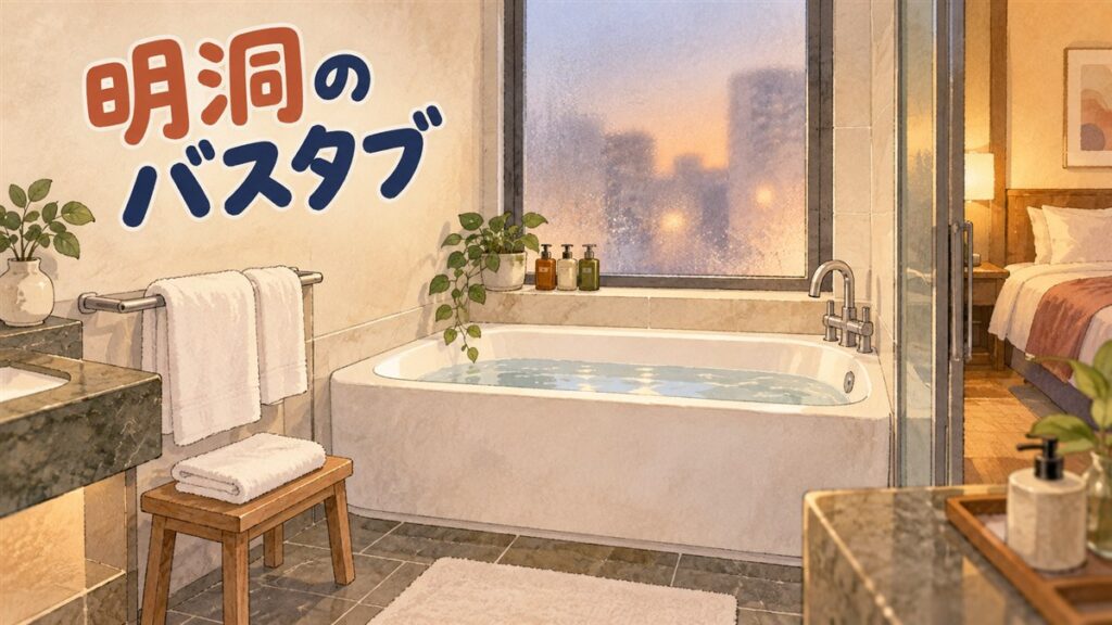 明洞のホテルの部屋で、白いバスタブとシャワーブースが並ぶ客室の浴室
