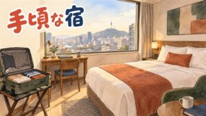 明洞の路地に並ぶ小さなビジネスホテルの看板と旅行者