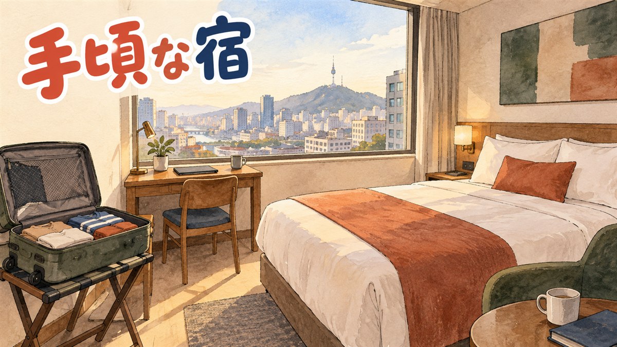 明洞の路地に並ぶ小さなビジネスホテルの看板と旅行者