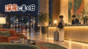 深夜の明洞のホテルのフロントでスタッフが到着した旅行者に応対している様子