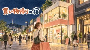明洞の夜、買い物袋を提げてホテルへ歩いて戻る旅行者の後ろ姿