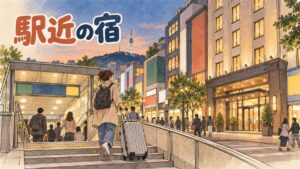 明洞駅の地下出口の案内板とスーツケースを引く旅行者の後ろ姿