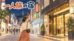 明洞の夜、キャリーケースを引く女性一人旅行者がホテルの明るいエントランスに向かって歩いている様子