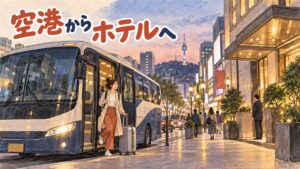 明洞の繁華街に立つ日系ホテルと、空港リムジンバスから降りる旅行者
