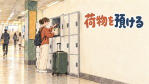 明洞駅の地下通路でスーツケースを引く旅行者がコインロッカーの前に立っている情景