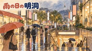 雨の日に明洞の地下道商店街の入口へ向かう人々の様子