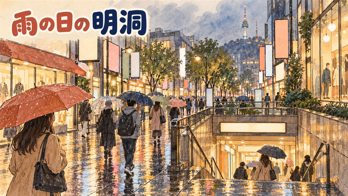 雨の日に明洞の地下道商店街の入口へ向かう人々の様子