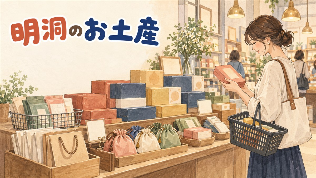 明洞の通りでお土産の売り場を選んで歩く観光客のイメージ