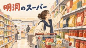 明洞の路地で食品土産を選ぶ買い物客の様子