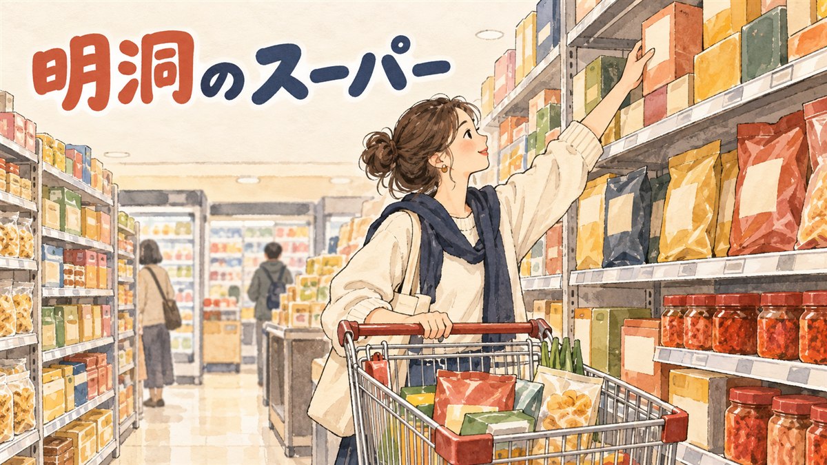 明洞の路地で食品土産を選ぶ買い物客の様子