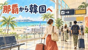 那覇空港の国際線出発ロビーでスーツケースを引く旅行者