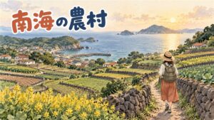 韓国南海のドイツ風家並みと、海へ石垣が連なる棚田の村の風景