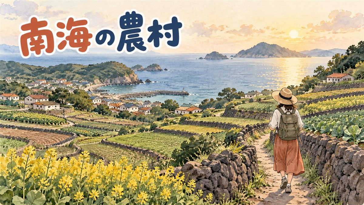 韓国南海のドイツ風家並みと、海へ石垣が連なる棚田の村の風景