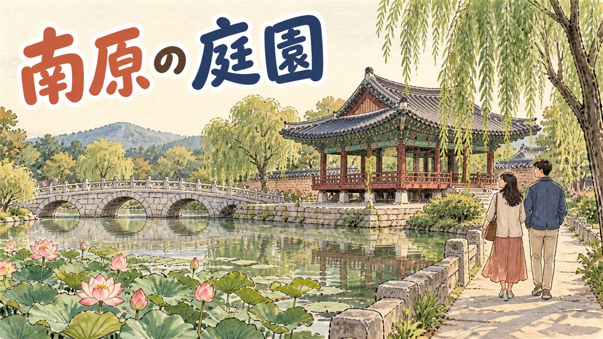 南原の広寒楼苑にかかる伝統的な橋と池のある庭園の風景