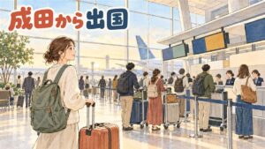 成田空港の出発ロビーでスーツケースを引く旅行者