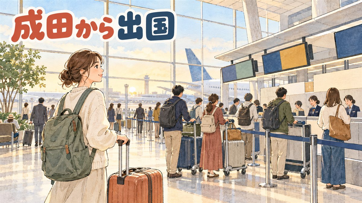 成田空港の出発ロビーでスーツケースを引く旅行者