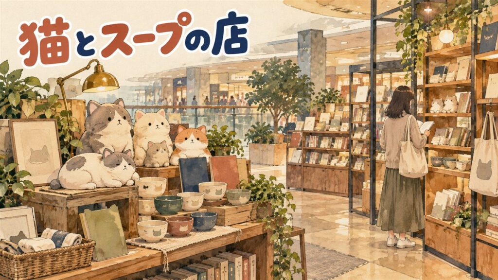 永豊文庫汝矣島IFCモール店の書棚の前で、スープを煮るキャラクターと本を読む来場者がいるポップアップ会場の情景