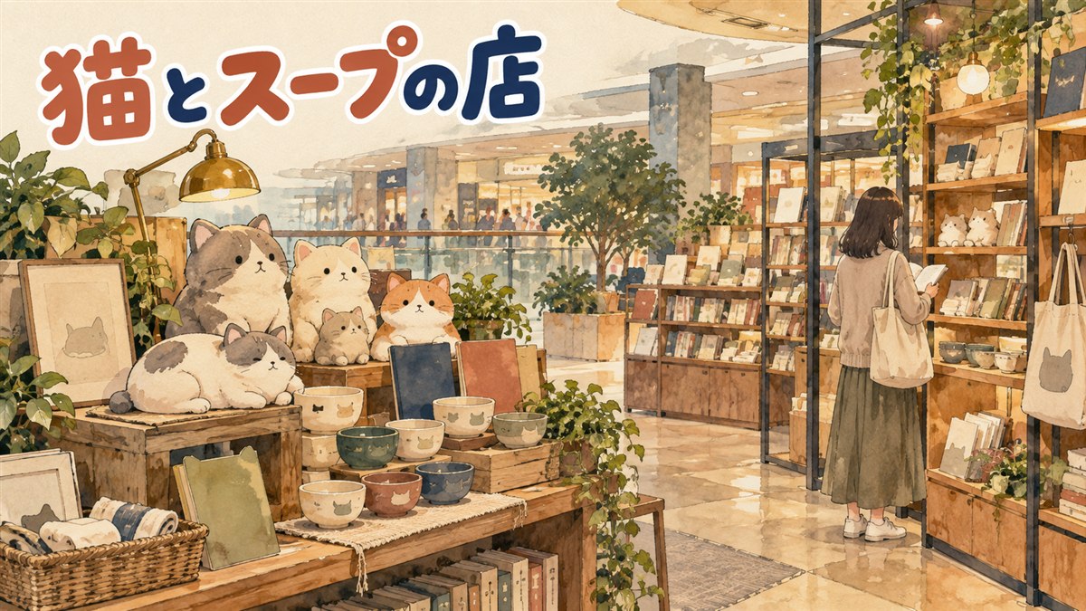 永豊文庫汝矣島IFCモール店の書棚の前で、スープを煮るキャラクターと本を読む来場者がいるポップアップ会場の情景