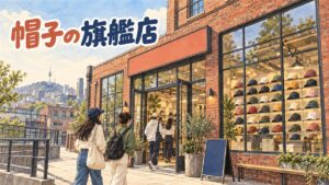 ニューエラのキャップが壁一面に並ぶ店内の棚
