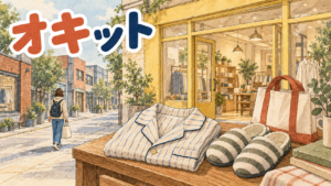 オキットのルームウェアをイメージしたパジャマと聖水の街並みのイラスト
