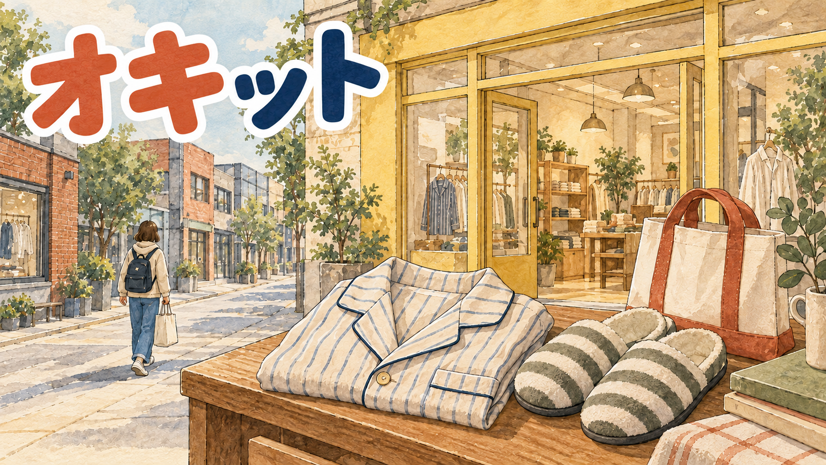 オキットのルームウェアをイメージしたパジャマと聖水の街並みのイラスト