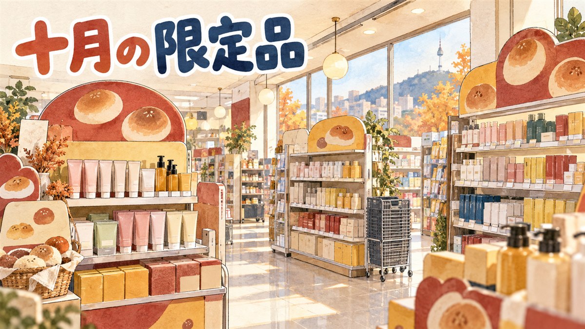 韓国のドラッグストアでキャラクターコラボ商品が棚に並ぶイメージ写真
