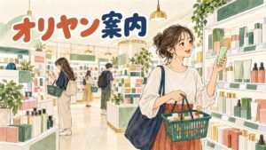 オリーブヤング明洞の大型店舗の外観と店内でスキンケア商品を選ぶ旅行者のイメージ