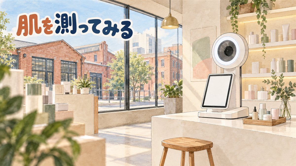 ソウル・聖水のコスメ売り場の一角を描いた水彩イラスト。丸いカメラのリングが付いた白い測定機と、何も映っていないタブレットの画面、木のトレーにラベルのない小瓶、木の丸椅子。大きな窓の外に赤れんがの倉庫の建物と青空。左上に「肌を測ってみる」の手書き文字
