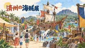 済州のウォーターワールドでワンピースの海の展示を歩く旅行者のイメージ