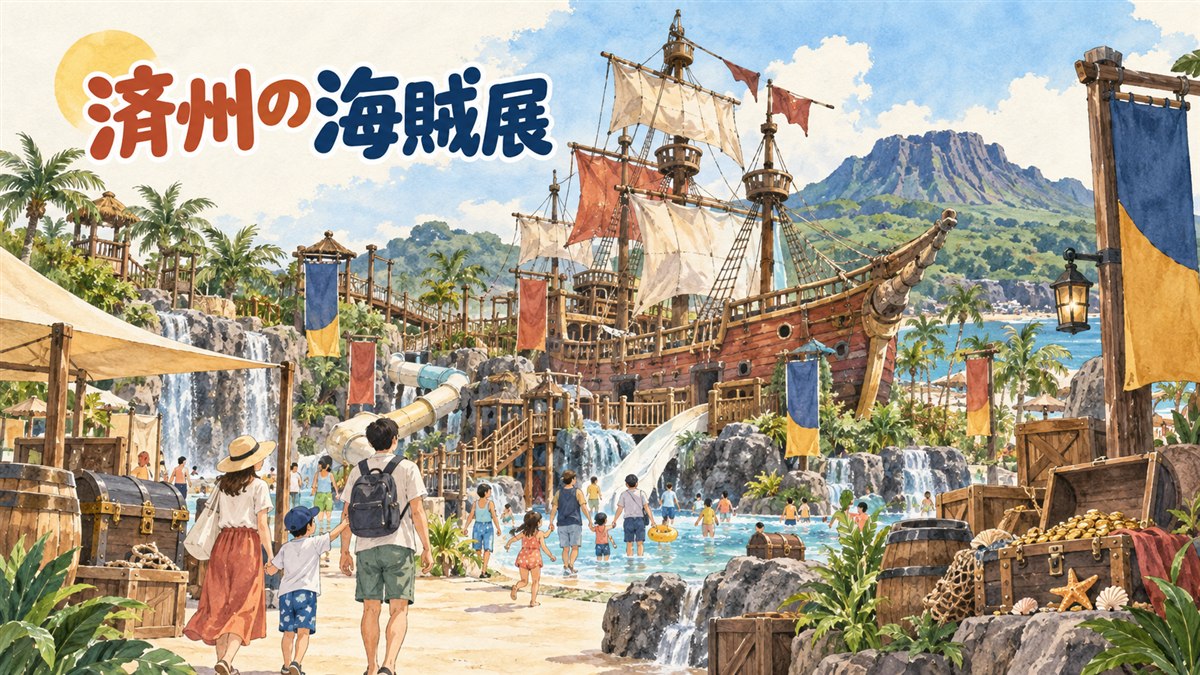 済州のウォーターワールドでワンピースの海の展示を歩く旅行者のイメージ