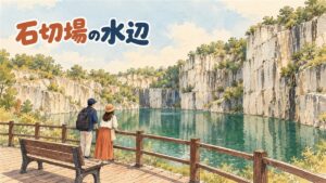 抱川アートバレーの天主湖と切り立った花崗岩の崖を望む風景
