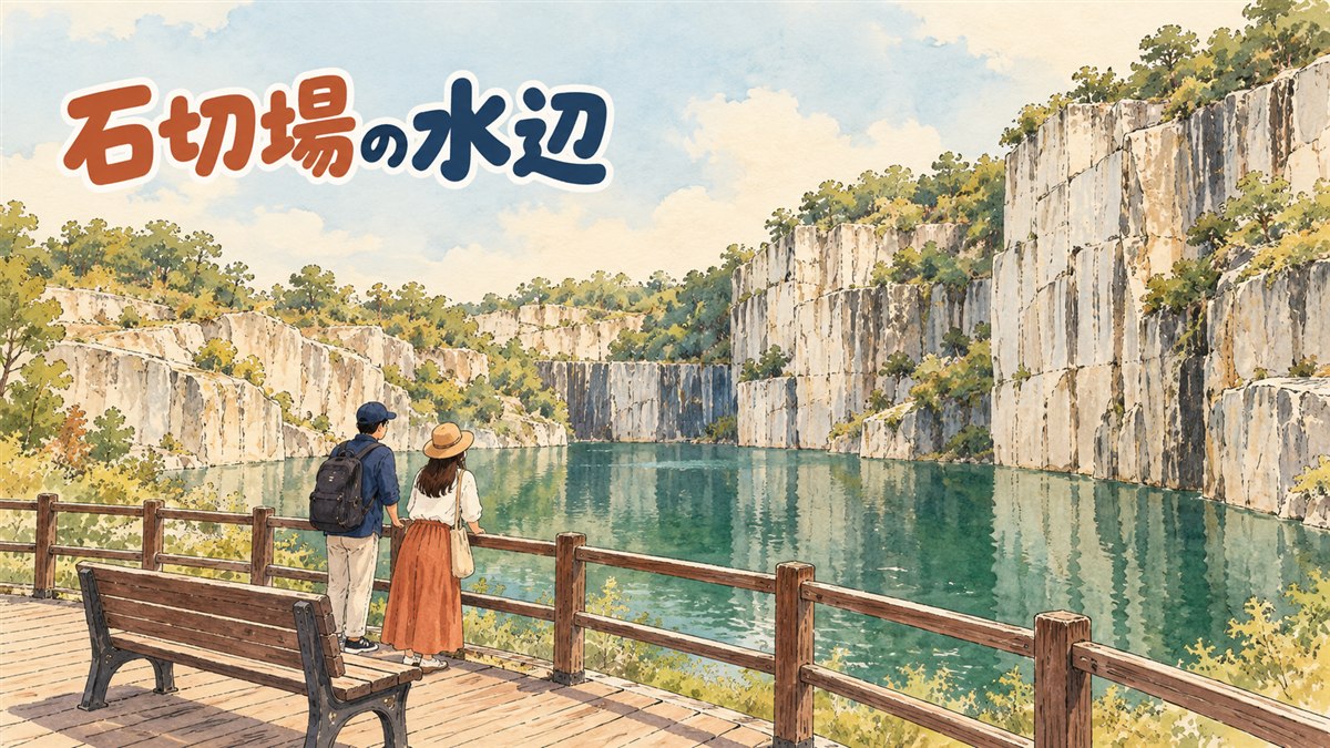 抱川アートバレーの天主湖と切り立った花崗岩の崖を望む風景