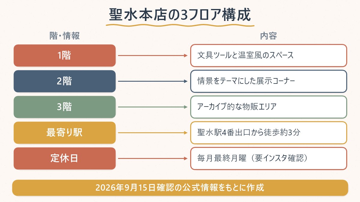 ポイントオブビュー聖水本店の1〜3階のフロア構成と最寄り駅からの行き方を整理する図