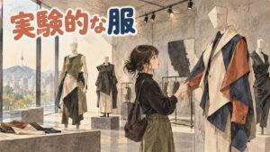 新堂洞のPOST ARCHIVE FACTIONショールーム外観と店内の様子がわかる一枚