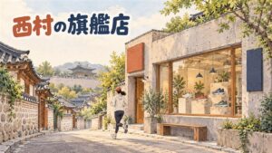ソウル西村にあるプロスペックス旗艦店の店内で、来店者が商品棚と写真展示パネルを見比べている様子