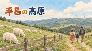 大関嶺の高原にある羊牧場と、月精寺へ続く樅の木の参道を並べたイメージ
