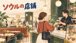 ソウルのラルフズコーヒー店舗の落ち着いたグリーン基調の店内でコーヒーが提供される様子