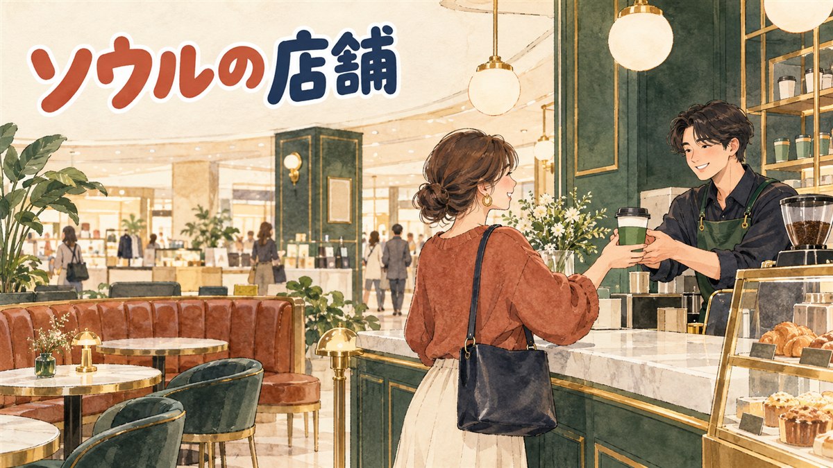 ソウルのラルフズコーヒー店舗の落ち着いたグリーン基調の店内でコーヒーが提供される様子