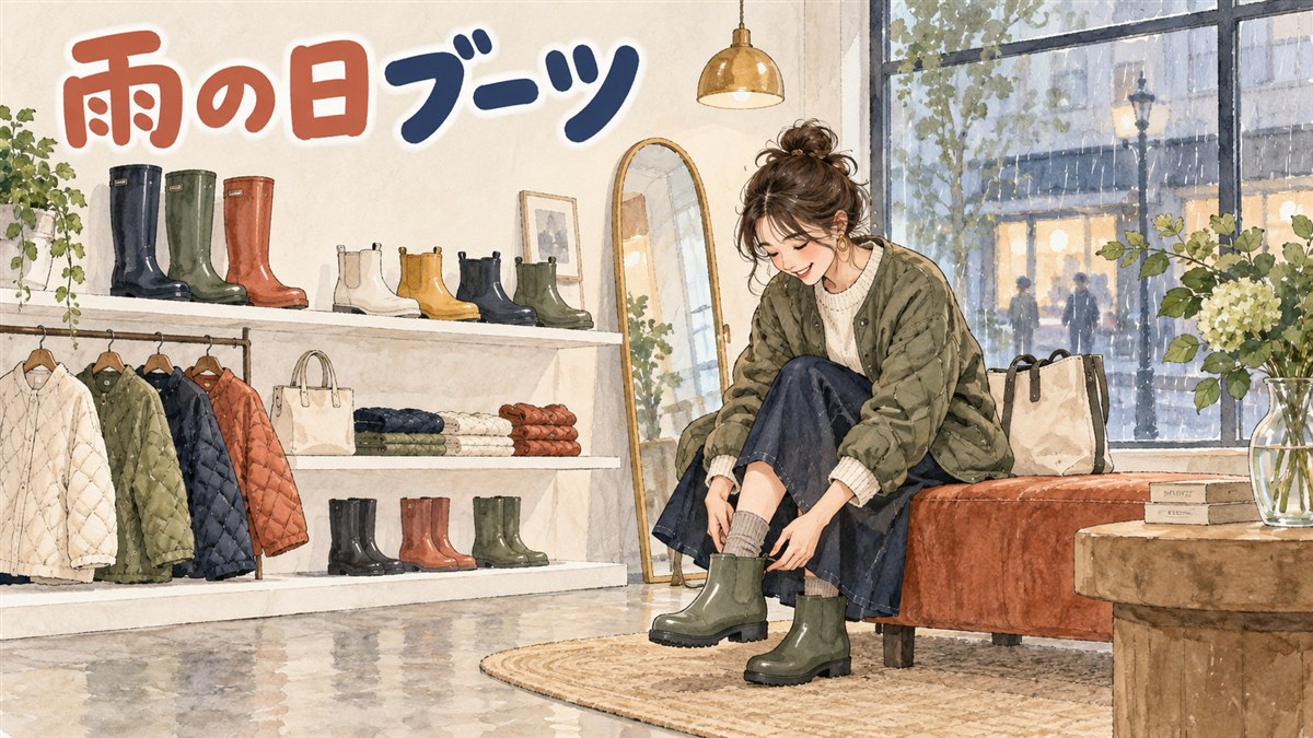 ロックフィッシュウェザーウェアのレインブーツが並ぶ路面店の店内イメージ