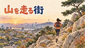 ソウル西村のサロモン トレイル ラン ソウルの店構えと、仁王山方面へ続く坂道の情景