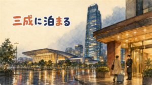 三成駅からCOEXへ向かう夜のビジネス街の情景
