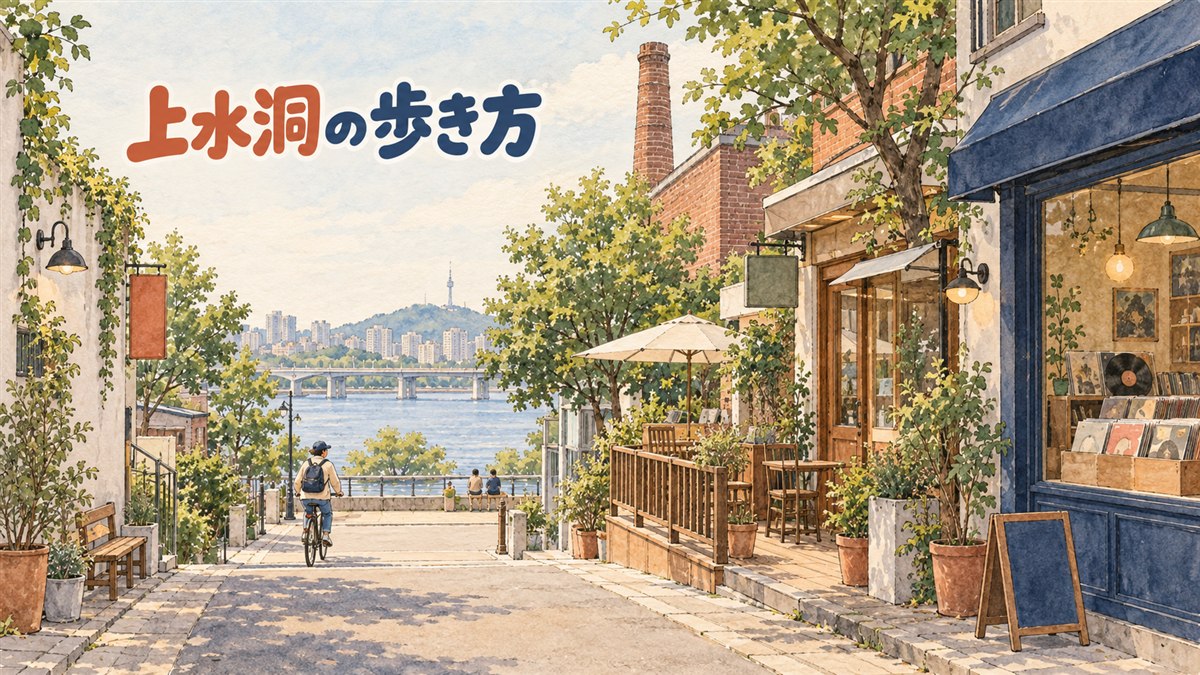 上水洞の路地にある漢江ビューカフェの窓際の席から漢江を眺める情景