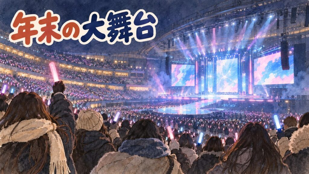 冬のソウルで年末音楽特番の会場に人々が集まる様子を描いたイラスト