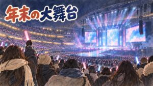 冬のソウルで年末音楽特番の会場に人々が集まる様子を描いたイラスト