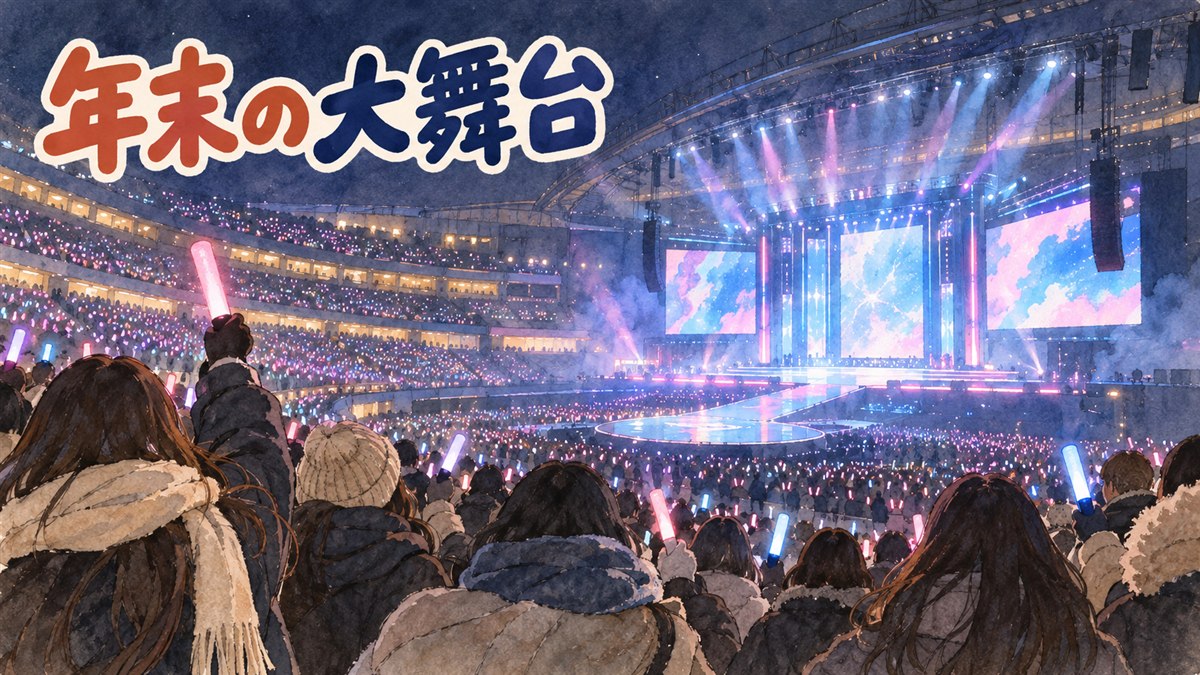 冬のソウルで年末音楽特番の会場に人々が集まる様子を描いたイラスト