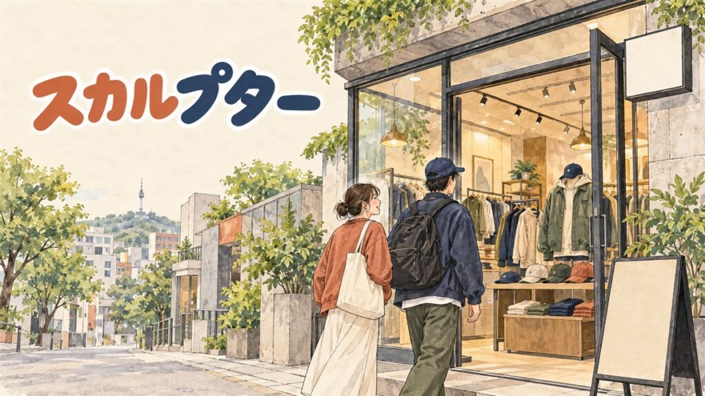 SCULPTORの店舗と日本での買い方を示すイメージ