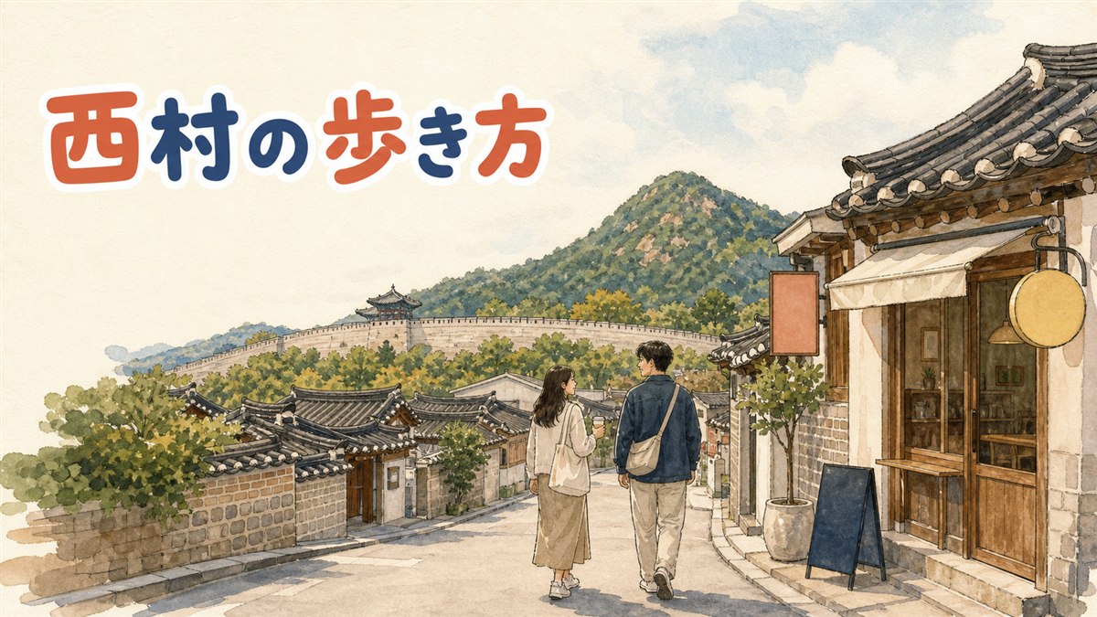 景福宮の西側、西村の路地を歩く旅行者のイメージ