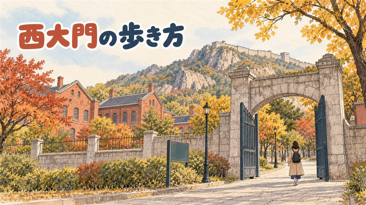西大門刑務所歴史館前の独立門と、その奥に広がる独立公園の風景