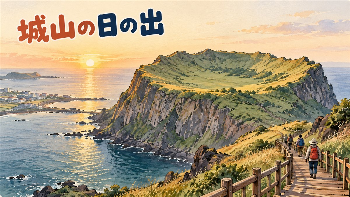済州島・城山日出峰の早朝の稜線と展望台から海を望む旅行者のイメージ
